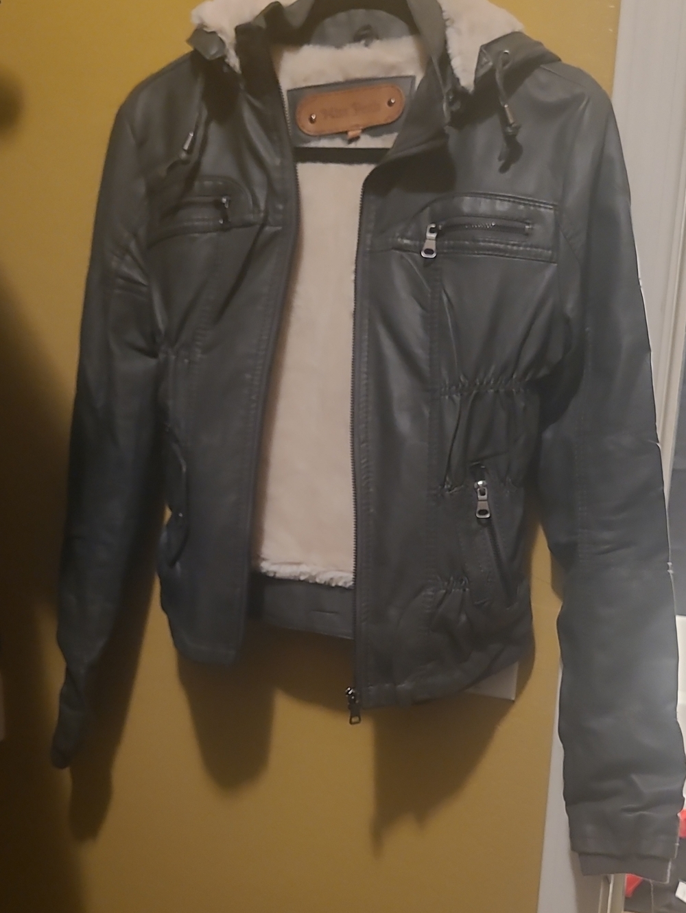 Faux Leather Hooded Jacket with Sherpa Lining - Black